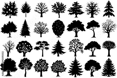 trees set, set of tree silhouettes, different kinds of trees sets of silhouettes,