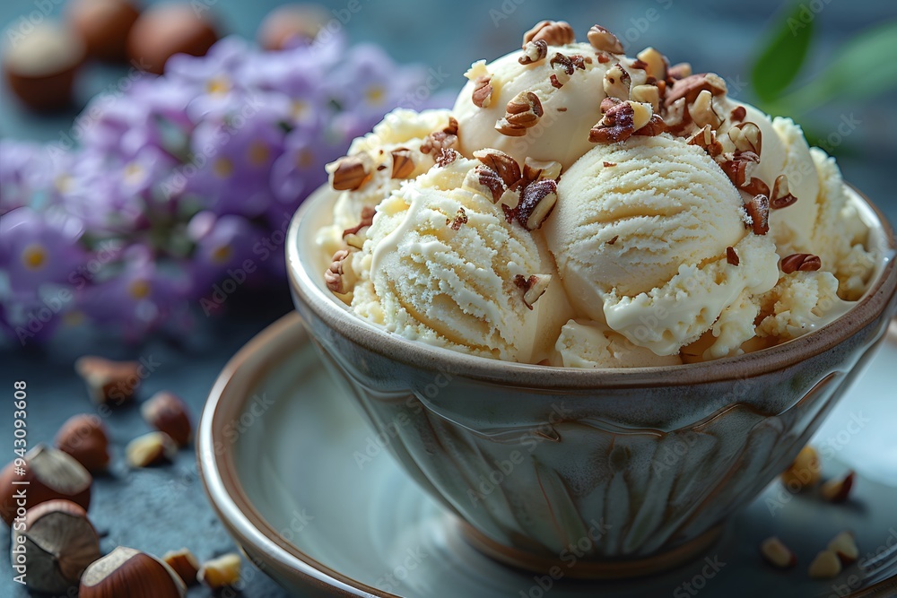 Delicious Vanilla Ice Cream with Nuts in Ceramic Bowl - Summer Dessert Concept for Food Design Delicious Vanilla Ice Cream with Nuts in Ceramic Bowl - Summer Dessert Concept for Food Design