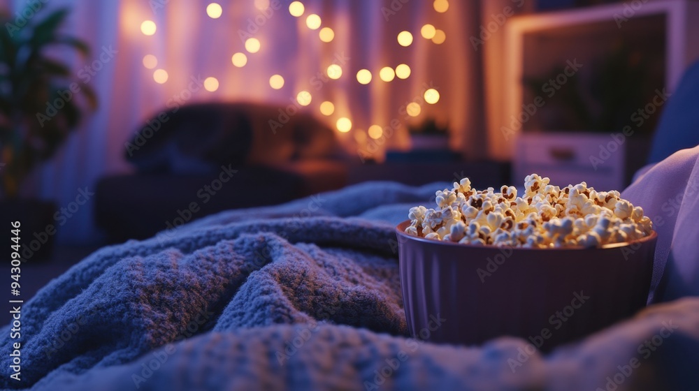 A bowl of popcorn on the home theater sofa A bowl of popcorn on the home theater sofa