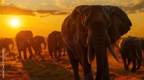 An elephant bathed in the glow of the setting sun, standing tall in the grasslands. The rich, golden light captures the essence of the wild and the timeless elegance of these gentle giants. photo