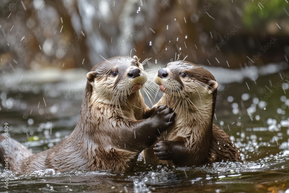 Two playful otters frolic in a bubbling stream, their joyful interaction bringing life to the serene natural setting. The splashing water and their animated expressions. Two playful otters frolic in a bubbling stream, their joyful interaction bringing life to the serene natural setting. The splashing water and their animated expressions.