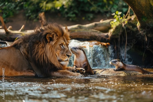 A lion and a pair of otters are seen interacting playfully by a riverside. photo