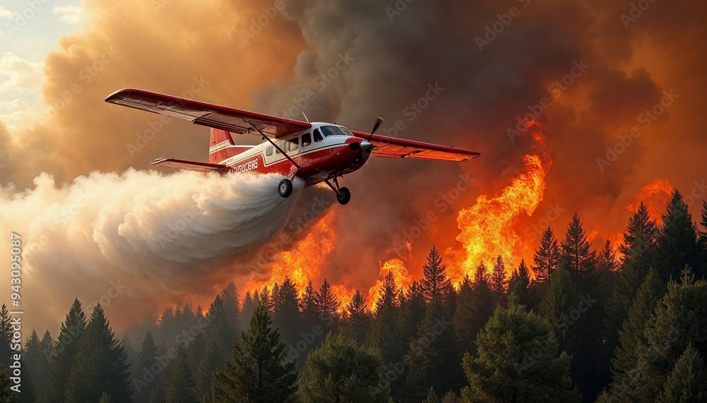 Fototapeta premium A firefighting plane soaring above a wildfire, unleashing a powerful stream of water onto the smoldering treetops
