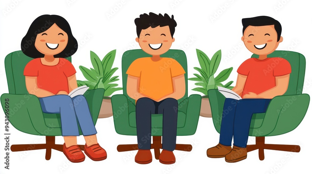Cheerful friends reading together on armchairs with plants in background
