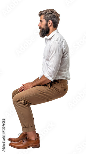 Side view of an Isolated sitting handsome young man wearing a white shirt and taupe chino trousers, cutout on transparent background, ready for architectural visualisation.	
