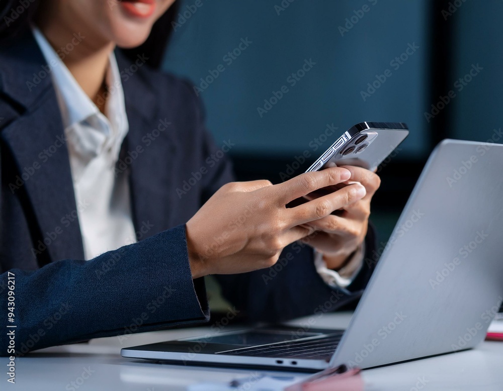 Business professional using a phone to text or email in an office, networking via a social media app. Close-up of hands with a laptop nearby as a secretary types on the mobile device for research. Business professional using a phone to text or email in an office, networking via a social media app. Close-up of hands with a laptop nearby as a secretary types on the mobile device for research.