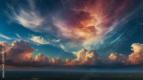 Fantasy sky. Dreamy skies with swirling clouds, vibrant colors, magical atmosphere. Surreal and enchanting sky. photo