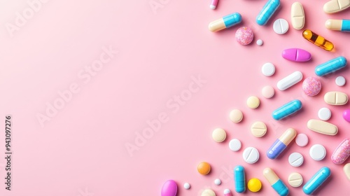 Colorful medicine tablets antibiotic pills on soft background with copy space