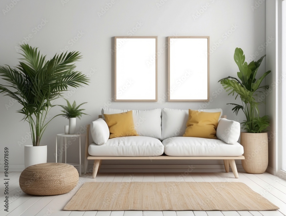 Fototapeta premium Minimalist Living Room with White Sofa and Two Blank Frames