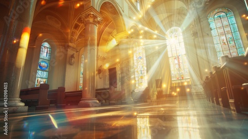 Interior shot of a church with light and flare  religious background.