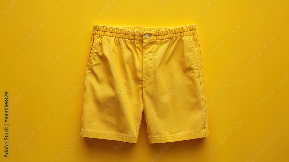 Yellow shorts with a button and elastic waistband laid out on a vibrant background. Yellow shorts with a button and elastic waistband laid out on a vibrant background.