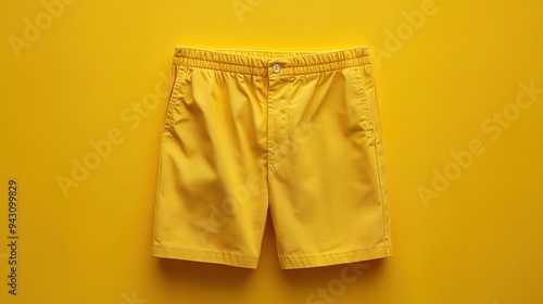 Yellow shorts with a button and elastic waistband laid out on a vibrant background. photo