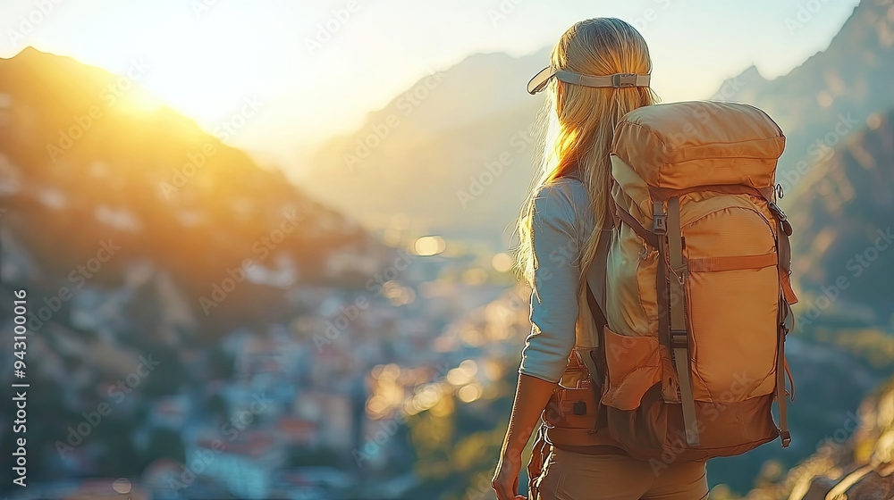 Hiker contemplating the sunrise over mountains while carrying a backpack in a serene landscape Hiker contemplating the sunrise over mountains while carrying a backpack in a serene landscape