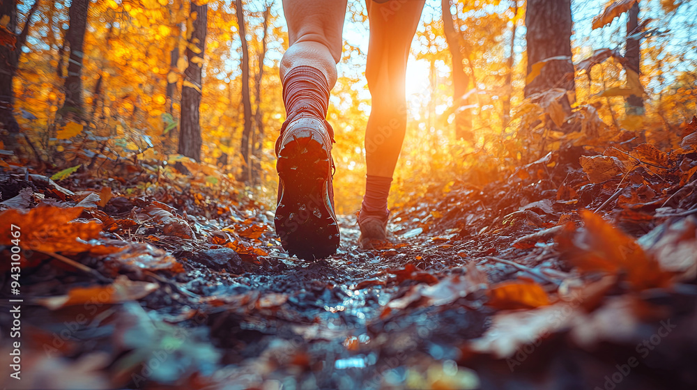 A person jogging along a forest trail surrounded by autumn foliage at sunset