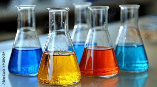 Colorful laboratory flasks filled with various liquids in a research setting