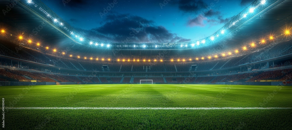 photograph of an empty soccer stadium with the lights photograph of an empty soccer stadium with the lights