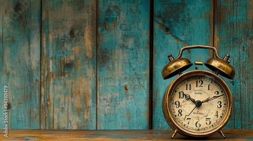 Close-up of vintage brass alarm clock on distressed blue wooden surface with Arabic numerals.