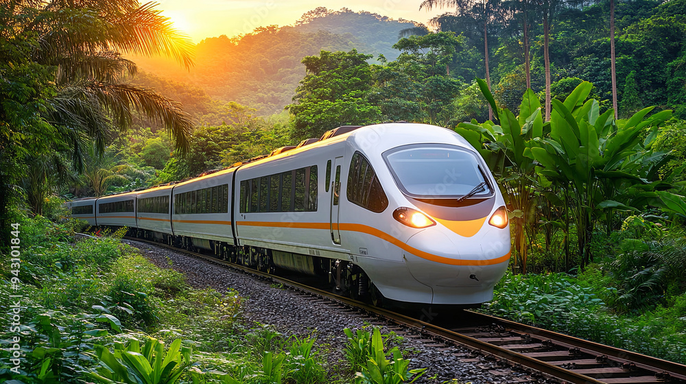 Fototapeta premium Modern train travels along a scenic track through lush greenery at sunset in a tropical region