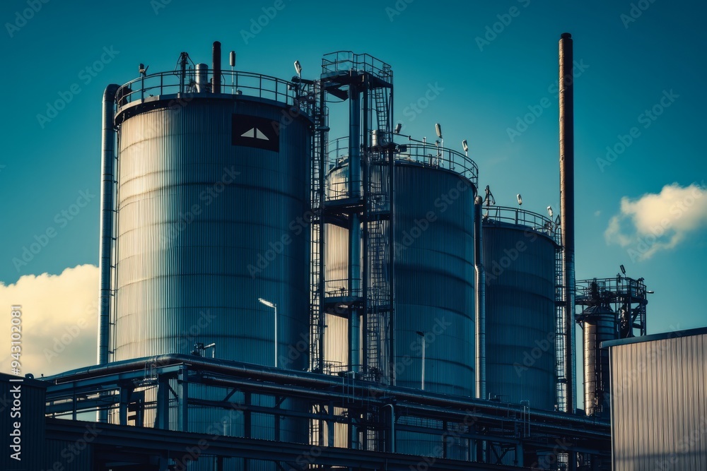 A photograph of an industrial oil storage facility with large silos and steel pipes A photograph of an industrial oil storage facility with large silos and steel pipes