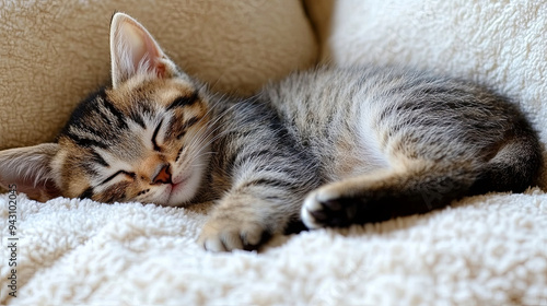 A sleepy kitten curled up on a soft blanket in a cozy living room during the afternoon