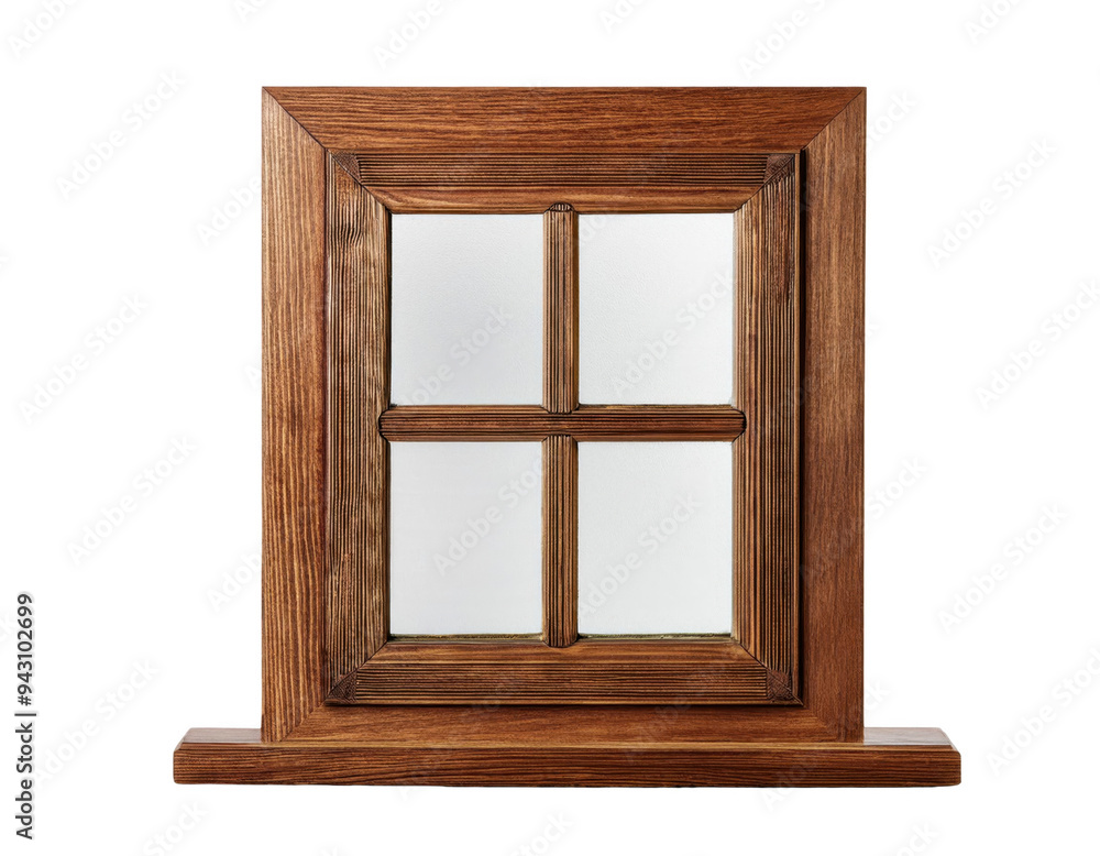 Obraz premium Rustic wooden window frame, elegantly crafted, features frosted glass panes divided into four sections, exuding a warm and timeless charm.