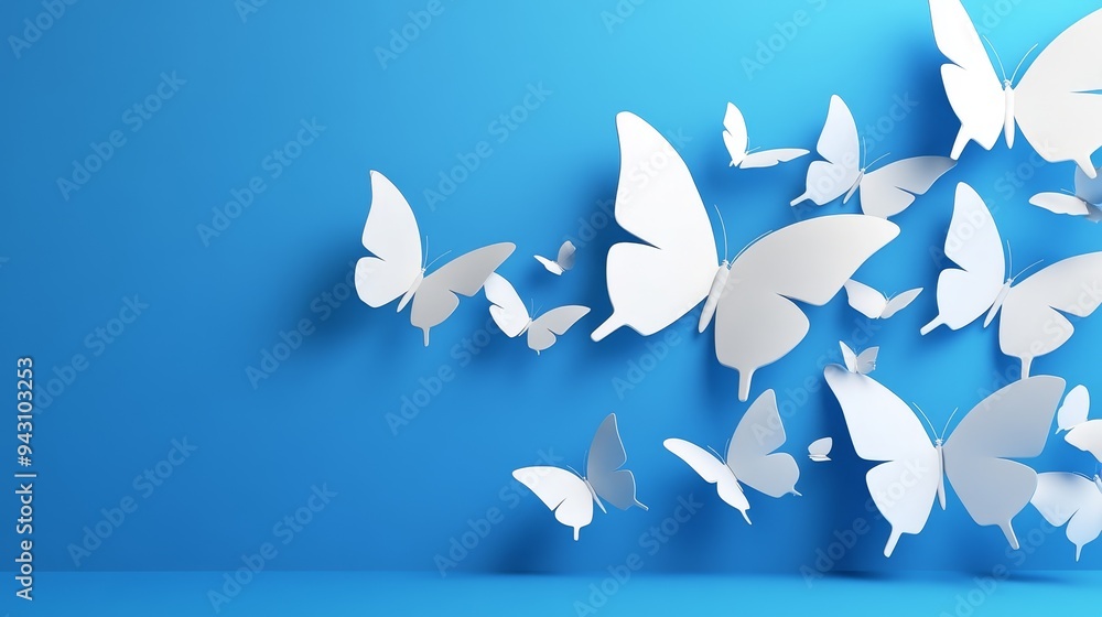 A flock of white paper butterflies against a blue background, creating a whimsical and airy feel. A flock of white paper butterflies against a blue background, creating a whimsical and airy feel.