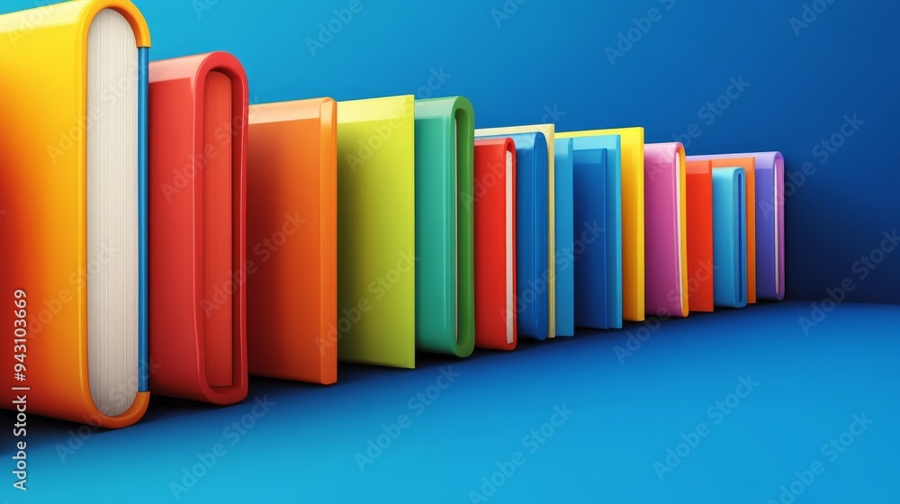 Fototapeta premium A row of colorful books stand in a line against a blue background