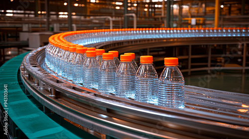 Bottled water running on a conveyor belt in a manufacturing facility at dusk