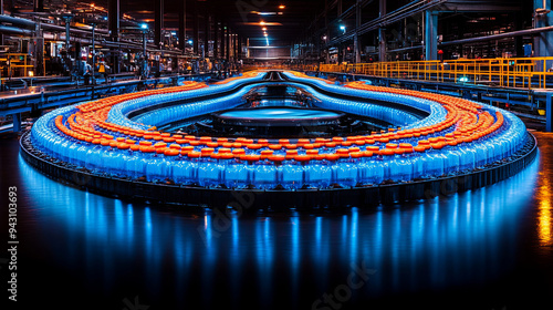 Bottled water assembly line illuminated at a manufacturing facility during evening hours