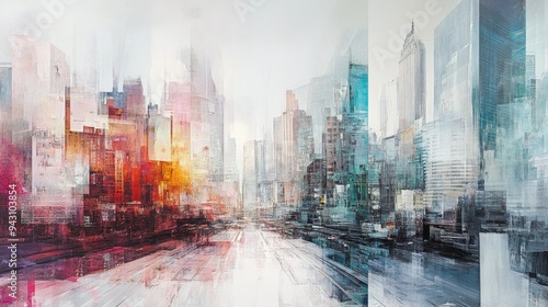 Abstract cityscape with overlapping transparent layers, urban textures, and muted colors 