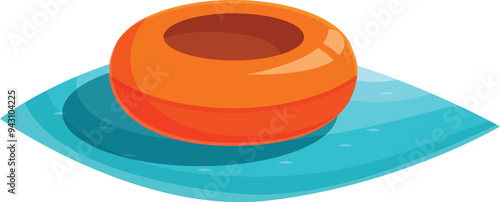 Cartoon orange inflatable ring floating on blue water surface, summer vacation concept
