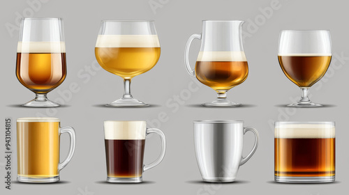 Realistic vector mockup set of glassware, including a goblet, mug, and jar. Features wineglass, flute, beer weizen, pilsner, tankard, Belgian glass, and snifter glass for cognac. Ideal for bar.