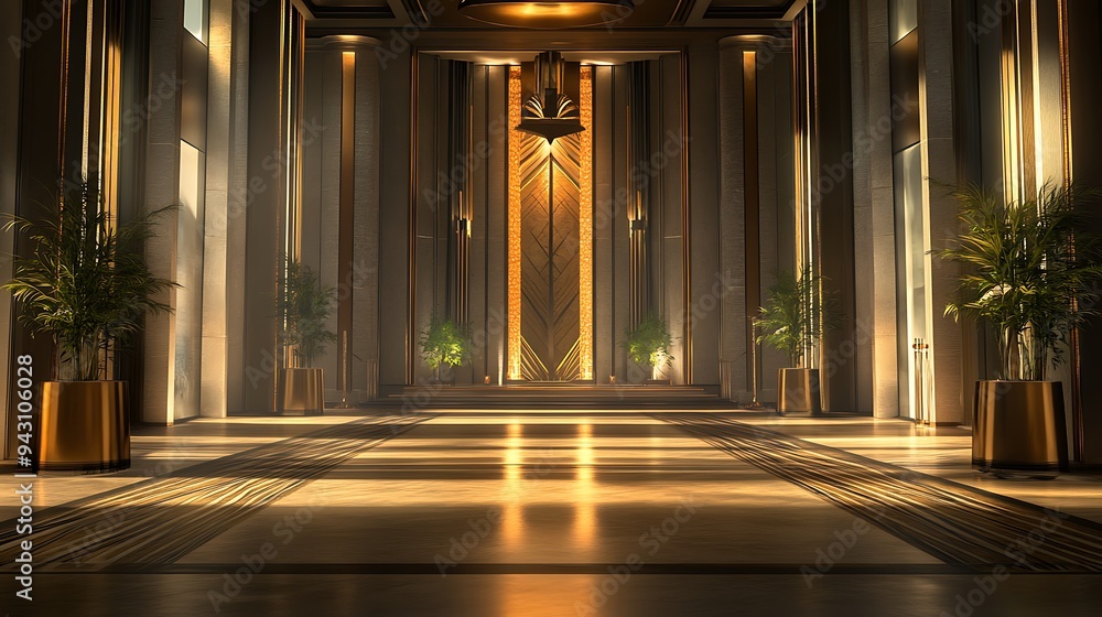 Grand Event Space with Luxe Textures, Art Deco-Inspired Design, and Sleek Metal Accents for a High-Class Setting Grand Event Space with Luxe Textures, Art Deco-Inspired Design, and Sleek Metal Accents for a High-Class Setting