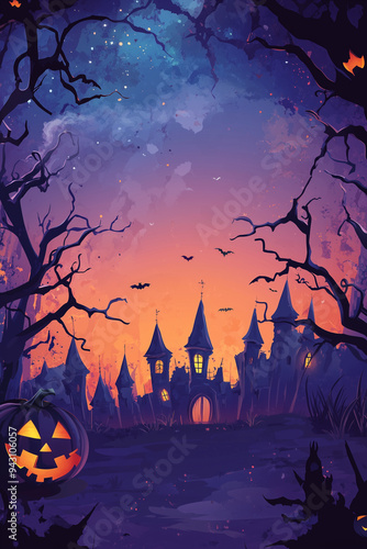 Halloween card or poster vertical party invitation card with copy space for custom text. Halloween poster or background with spooky elements, haunted house, pumpkins, bat in a cute cartoon style