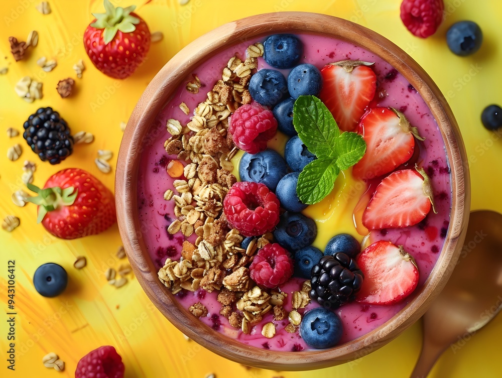 Acai Bowl Topped with Fresh Berries Granola and Honey on Vibrant Summer Background Acai Bowl Topped with Fresh Berries Granola and Honey on Vibrant Summer Background