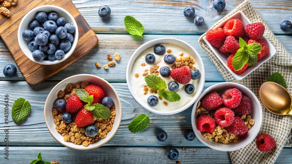 A colorful and healthy breakfast spread featuring bowls of yogurt with raspberries, blueberries, and granola A colorful and healthy breakfast spread featuring bowls of yogurt with raspberries, blueberries, and granola