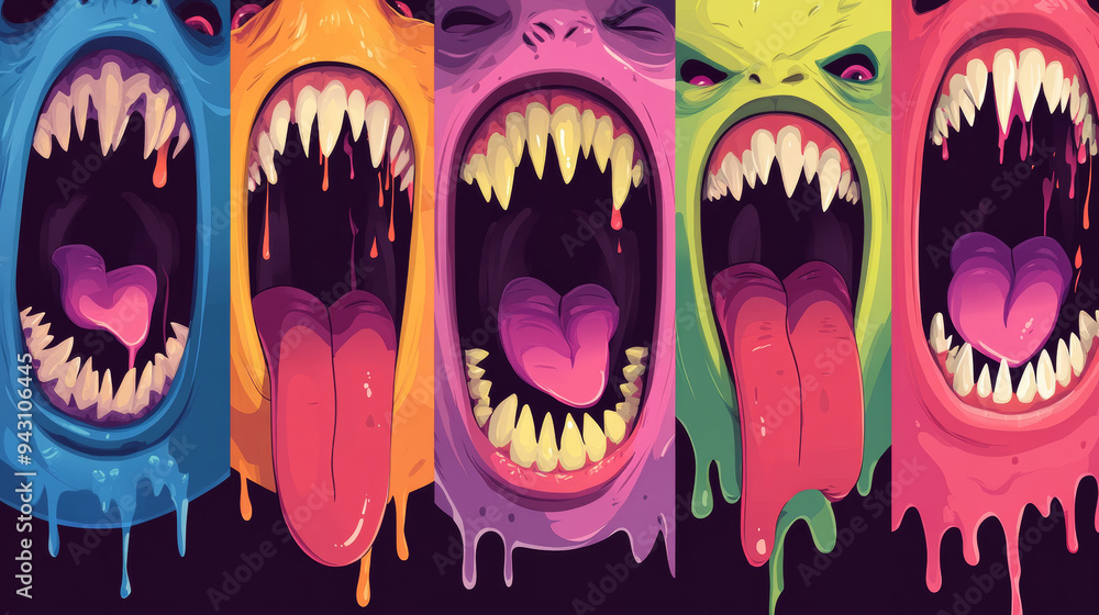 Vector flyers for a Halloween party featuring monster mouths. Cartoon invitation posters with open, toothy jaws, sharp teeth, dripping saliva, and tongues. Includes a set of event invite cards. Vector flyers for a Halloween party featuring monster mouths. Cartoon invitation posters with open, toothy jaws, sharp teeth, dripping saliva, and tongues. Includes a set of event invite cards.