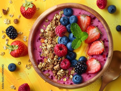 Acai Bowl Topped with Fresh Berries Granola and Honey on Vibrant Summer Background