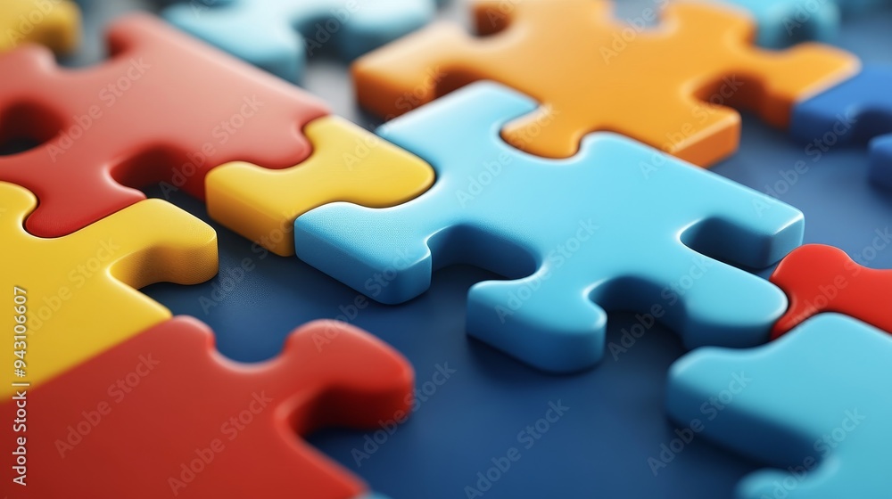 Fototapeta premium Colorful puzzle pieces interlock, representing teamwork, connection, and problem solving.