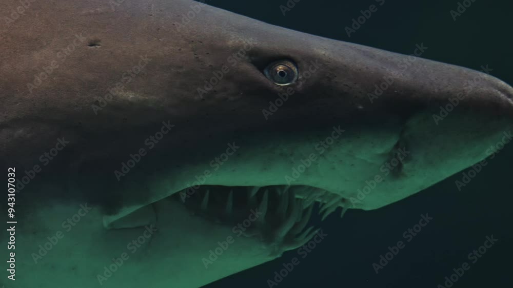 Spotted Ragged Tooth Shark Sand tiger shark Carcharias taurus closeup head with sharp teeth, gray ...