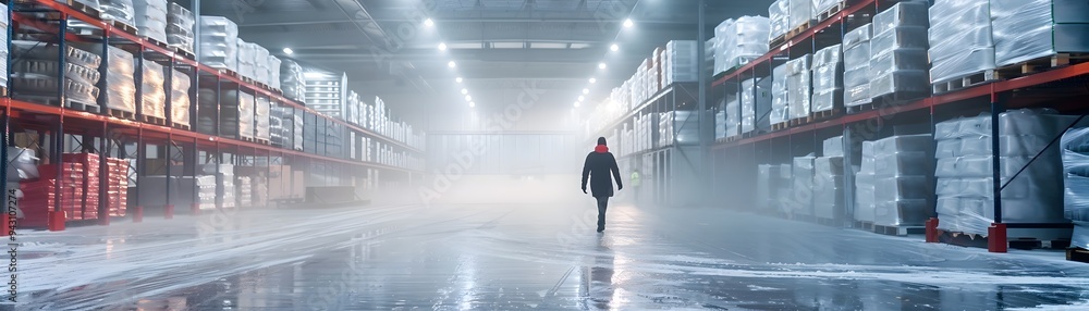 Misty Cold Storage Warehouse with Workers Handling Frozen Goods and Bright Lighting Misty Cold Storage Warehouse with Workers Handling Frozen Goods and Bright Lighting