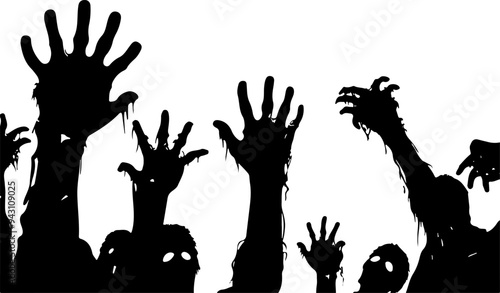 Walking dead and zombie rising up hands silhouettes. Vector isolated border. Decoration elements for halloween design.