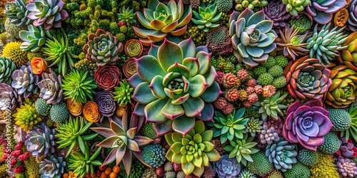 Lush and vibrant succulent garden wall showcasing a variety of colors, textures, and shapes, symbolizing growth and resilience