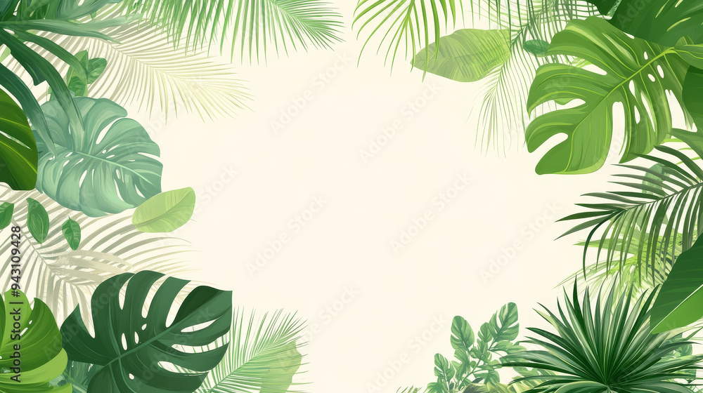 Tropical frame with exotic jungle plants, including palm leaves and monstera, with a designated area for text. Foliage vector background suitable for travel, summer holiday, and vacation cards. Tropical frame with exotic jungle plants, including palm leaves and monstera, with a designated area for text. Foliage vector background suitable for travel, summer holiday, and vacation cards.
