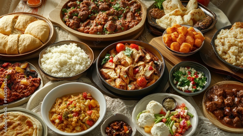 A table full of food with a variety of dishes including rice, beans, and meat A table full of food with a variety of dishes including rice, beans, and meat