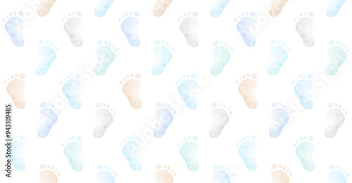 Cute Watercolor Little Footprints. Simple Seamless Pattern with Pastel Blue, Light Gray and Beige Baby Feet, Painted on a White Background. Trendy Baby Shower Repeatable Pattern Ideal for  Fabric. 