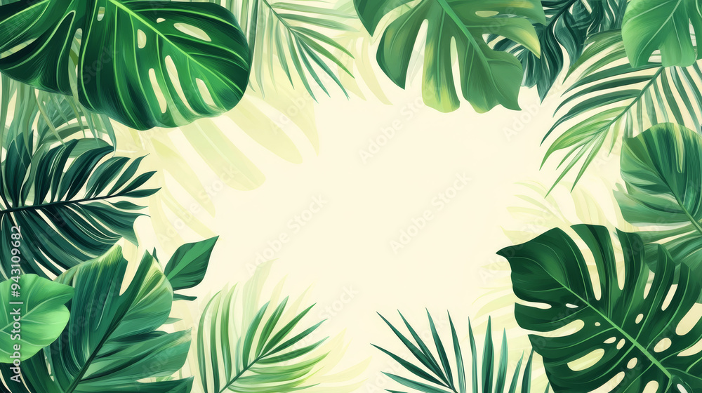 Tropical frame with exotic jungle plants, including palm leaves and monstera, with a designated area for text. Foliage vector background suitable for travel, summer holiday, and vacation cards. Tropical frame with exotic jungle plants, including palm leaves and monstera, with a designated area for text. Foliage vector background suitable for travel, summer holiday, and vacation cards.