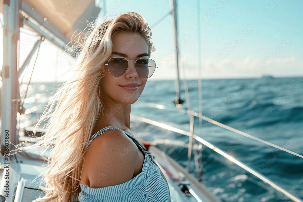 Blonde woman wearing sunglasses on sailboat Blonde woman wearing sunglasses on sailboat