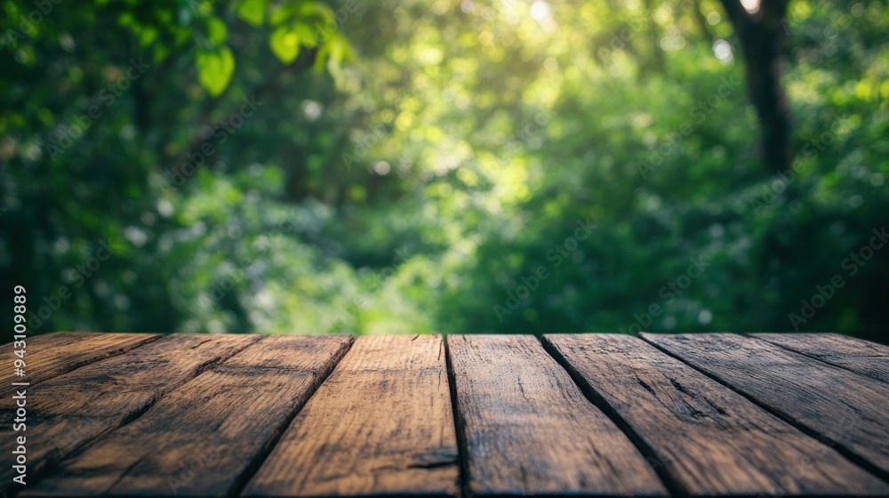 A wooden table with a view of a forest A wooden table with a view of a forest