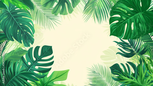 Tropical frame with exotic jungle plants, including palm leaves and monstera, with a designated area for text. Foliage vector background suitable for travel, summer holiday, and vacation cards.